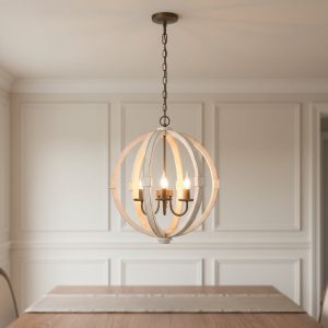 6 Light Wood Chandelier White Ceiling Light Fixture for Kitchen Dining Room Entryway Foyer
